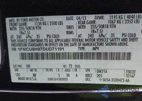 2013 Ford Escape Sel from USA, damaged, VIN 1FMCU9H97DUD71191